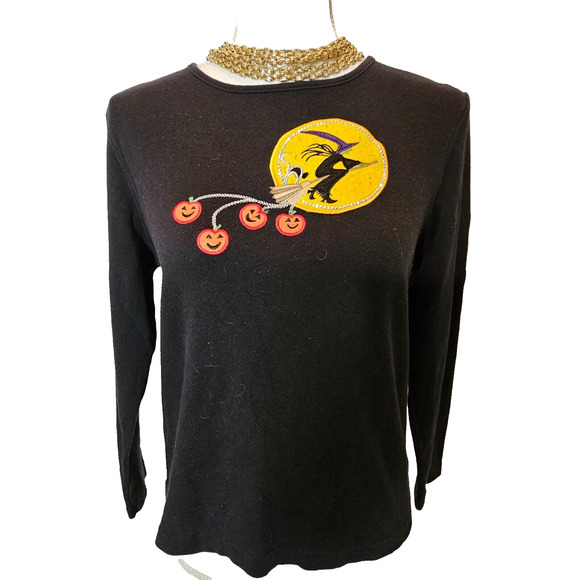 Designers Originals Studio Treat Womens Black Halloween Shirt Witch Moon PM - Picture 1 of 4